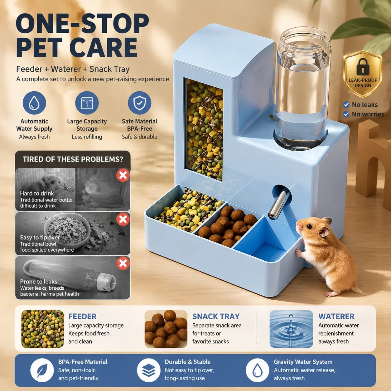 Automatic Hamster Feeder Waterer 2 In 1 Touch Water Outlet Leakproof Food Storage Bowl for Small Pet Mice Gerbils