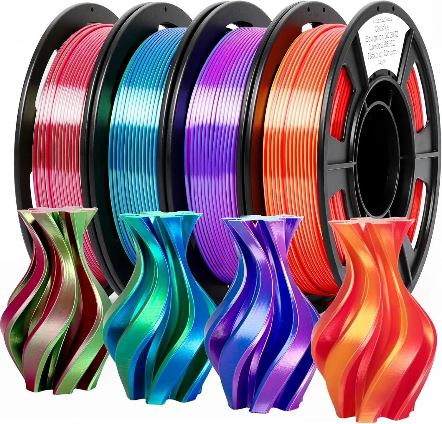 3D Printer Filament, PLA filament in bicolor silk 1,75 mm, gloss color change, 4 x 250 g coils for FDM printers