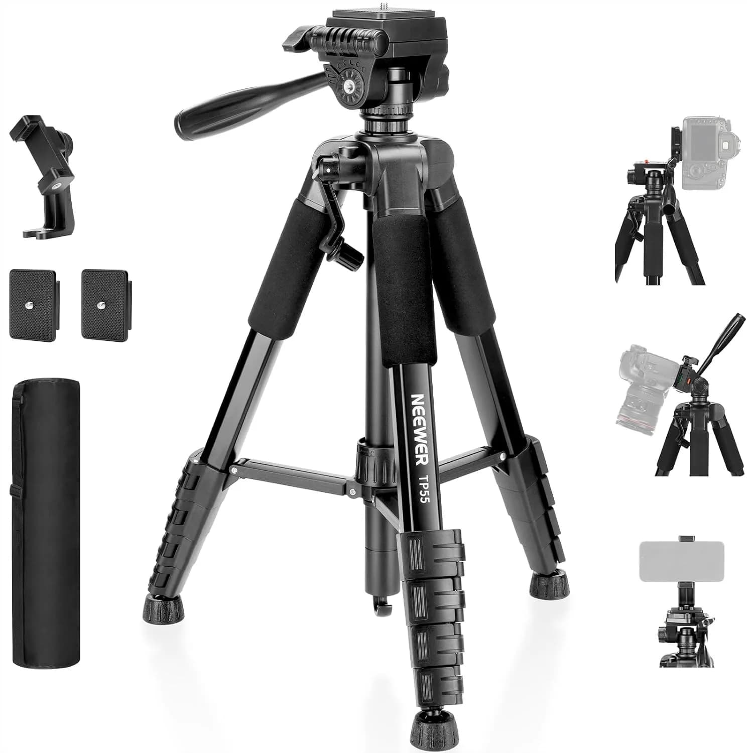 Treppiede per Fotocamera 71'' con Supporto per Telefono per Registrazione Video, Supporto da Viaggio Leggero in Alluminio con Testa Pan-Tilt a 3 Vie