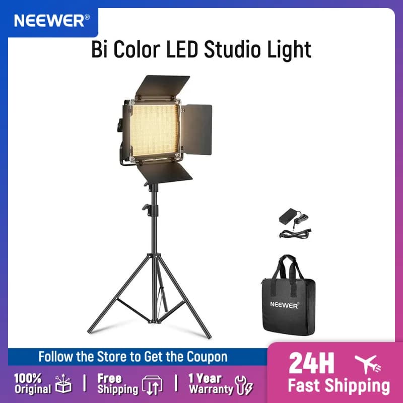 NEEWER Bi Color LED Studio Light with Tripod Stand Barndoors, Video Panel Key Lighting660 LEDs 3200K-5600K 3300lx/1m