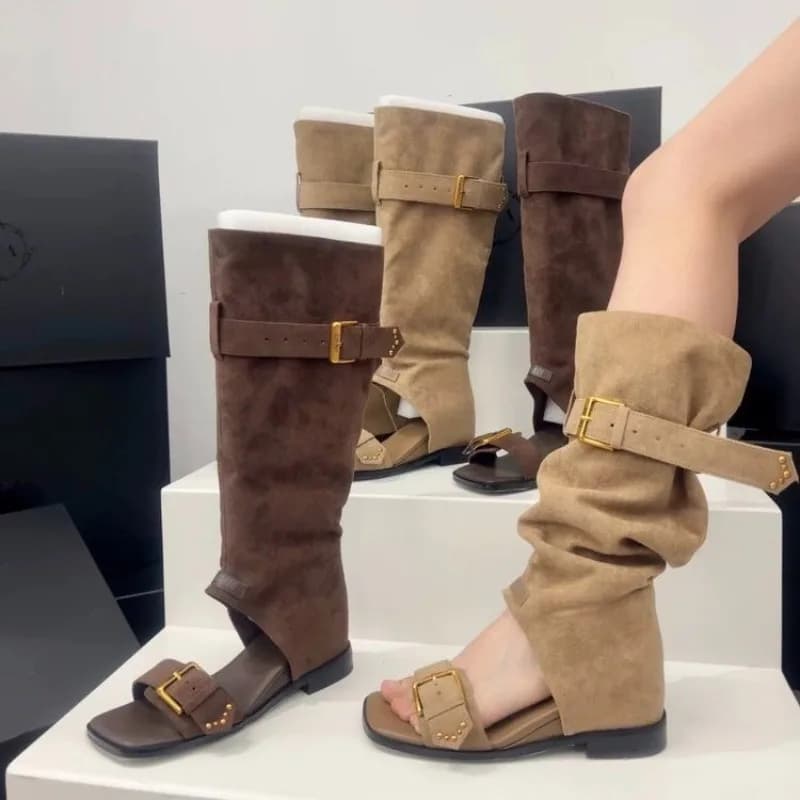 Cool Boots Breathable Square Toe Button Sandals Women Peep Toe Boots 2026 Summer New Flip Flops Gladiator Shoes Vintage