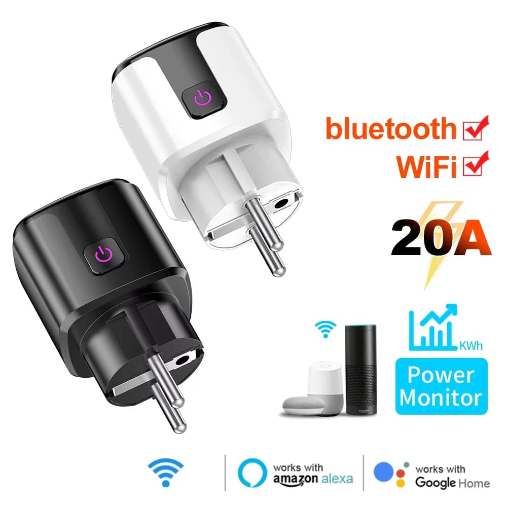 Tuya Smart 20A EU Plug WiFi + Bluetooth socket with power monitoring Timer Voice control Works for Google Home Alice Alexa