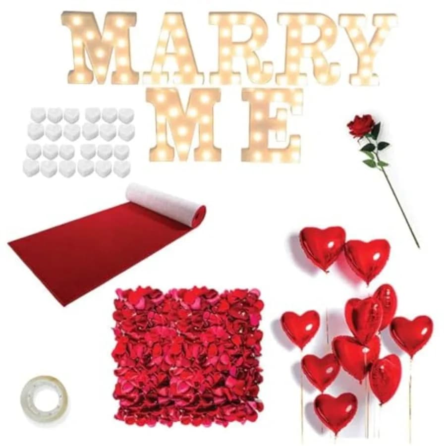 Kit di decorazioni per proposta Marry Me Light Up Letters 2000 Petali di rosa 24 Candele romantiche a forma di cuore Runner del corridoio del tappeto rosso 16