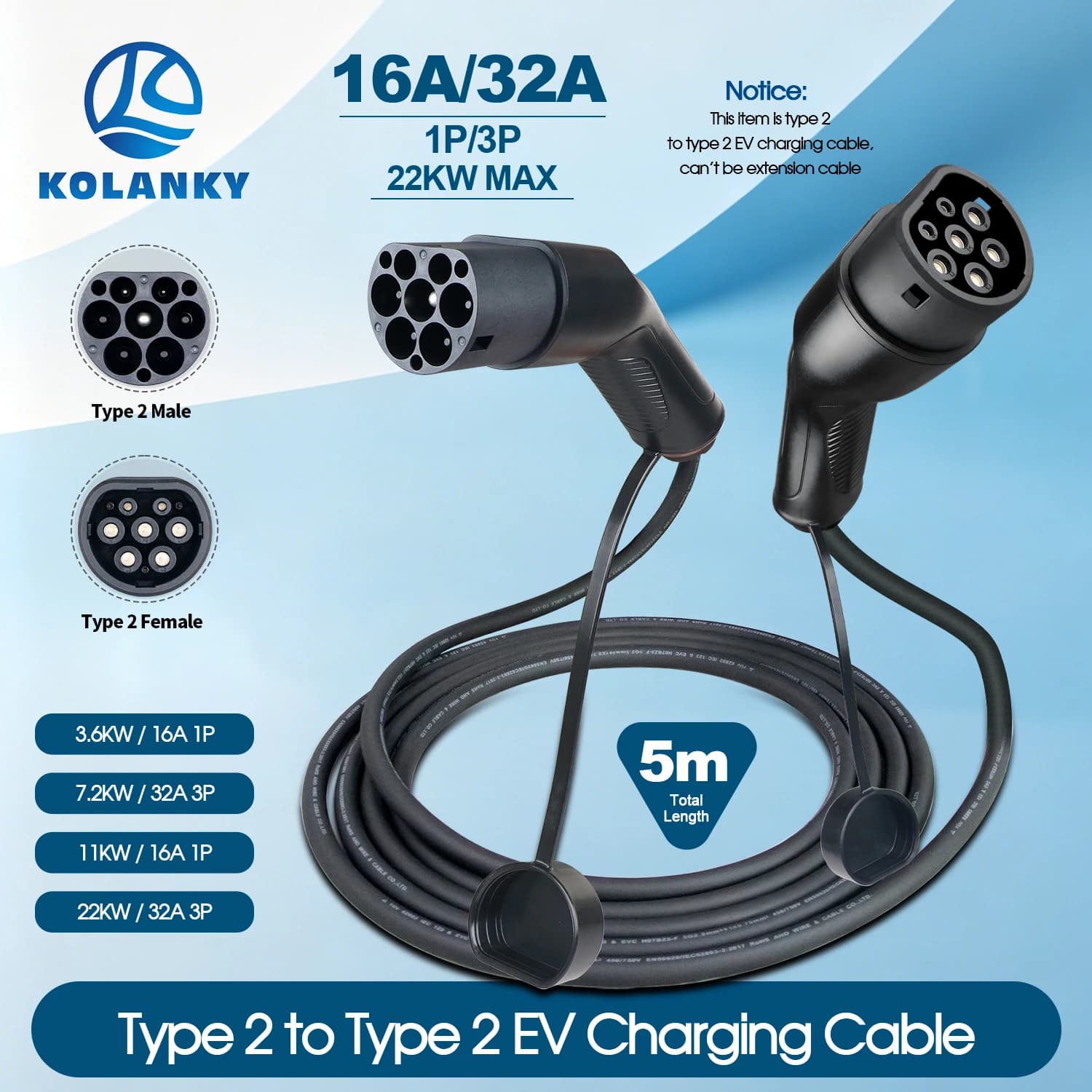 Cavo di ricarica portatile Kolanky 22KW Max da Tipo 2 a Tipo 2, 16A/32A IEC 62196-2 per veicoli elettrici in stazioni pubbliche