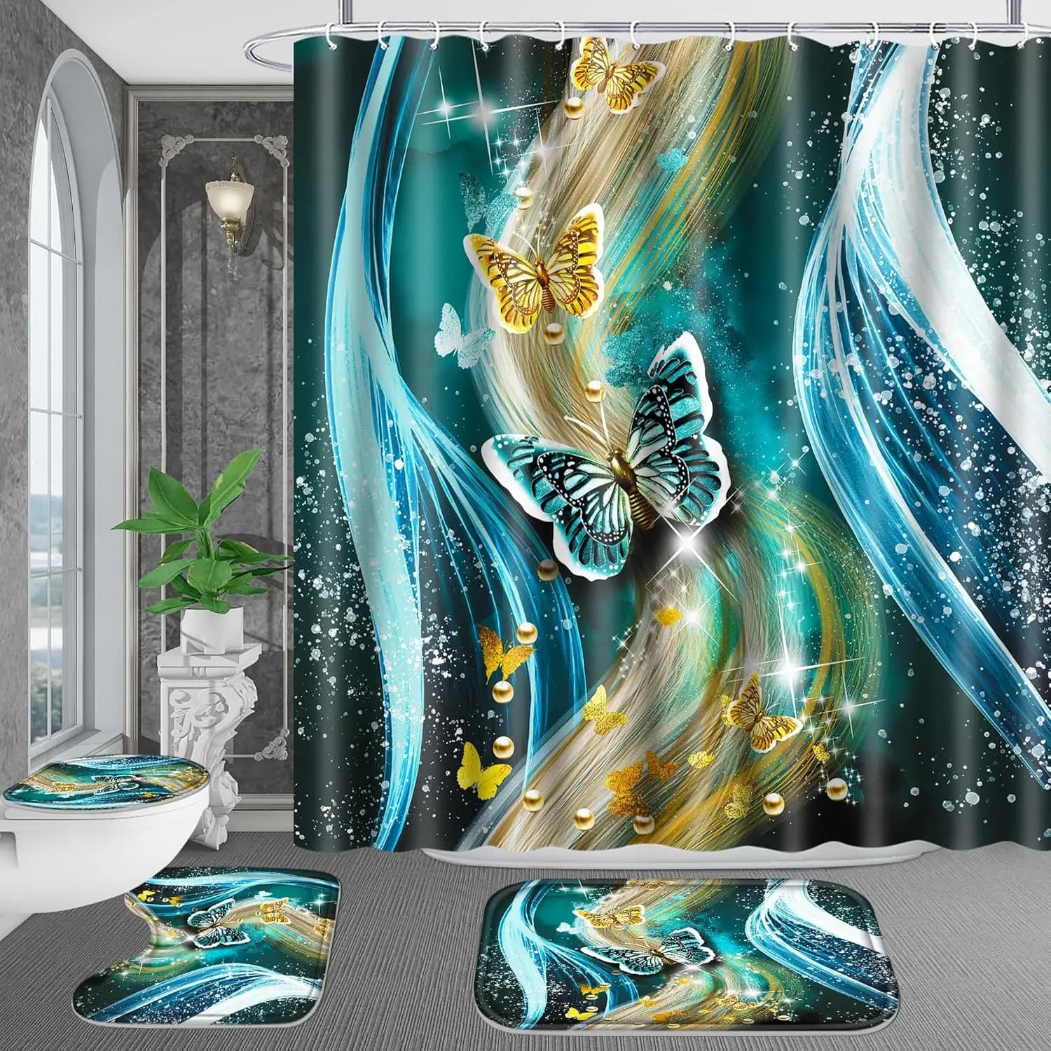 4 piece bathroom shower curtain, blue butterfly bath mat with carpet, U-shaped and water cover