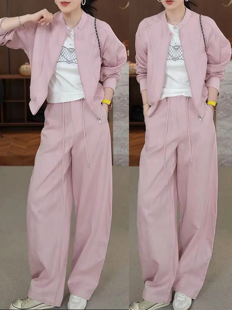 Fashionable Casual Two-Piece Set Women's Open Cardigan Jacket Straight Leg Pants High Waist Warm Spring Season Casual Wear
