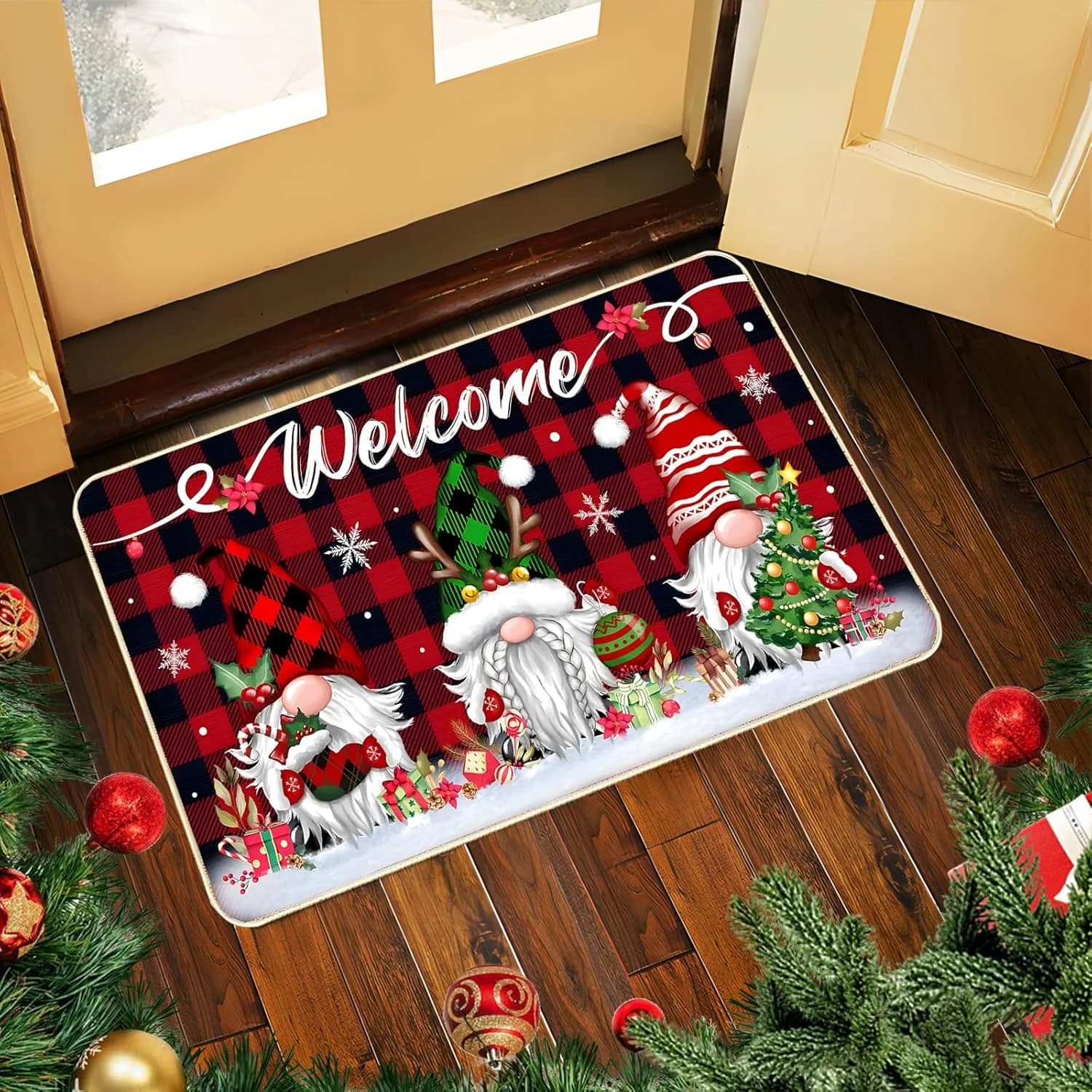 Tappetino per porta con gnomo natalizio, motivo scozzese, tappeto di benvenuto, tappetino festivo per la casa, protezione per pavimento antiscivolo impermeabile per l'ingresso di Natale