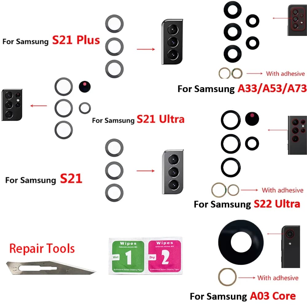 NUOVA Lente in Vetro per Fotocamera Posteriore con Adesivo per Samsung A33 A53 A73 A52 A72 A03 Core A82 S22 S21 Plus S21 Ultra Fe M01 M02S M42