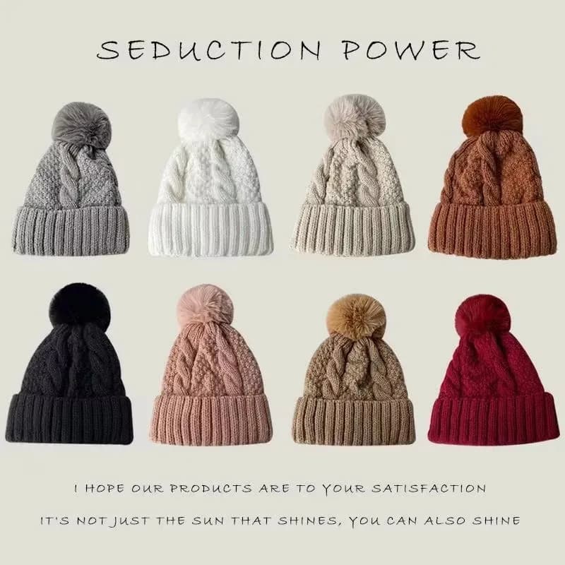 Winter Twist Knitting Hats Warm Fur Pompom Thick Plush Cap Beanies Solid Ladies Versatile Ski Snow Skullies Beanies Velvet Hat