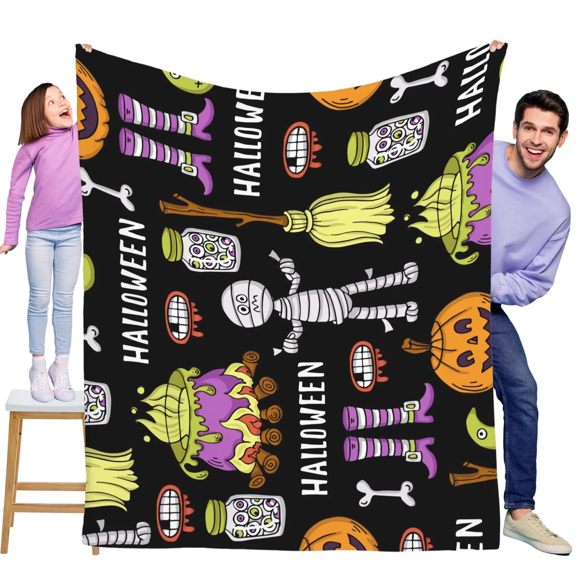 Coperta in flanella con elemento strega zucca mummia di Halloween, morbida e calda, perfetta per divano, letto, ufficio e viaggi