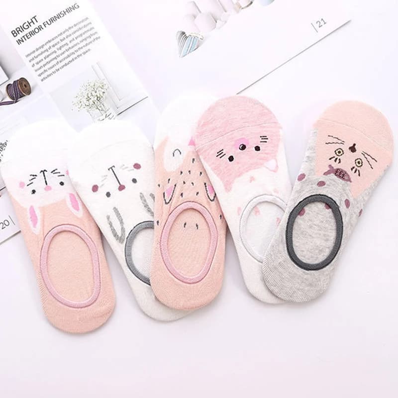 5Pairs Cute Animal Cotton Socks Female NEW Pink Kawaii Cartoon Summer Short Sock Slippers Women Casual Soft Funny Boat Sock Meia