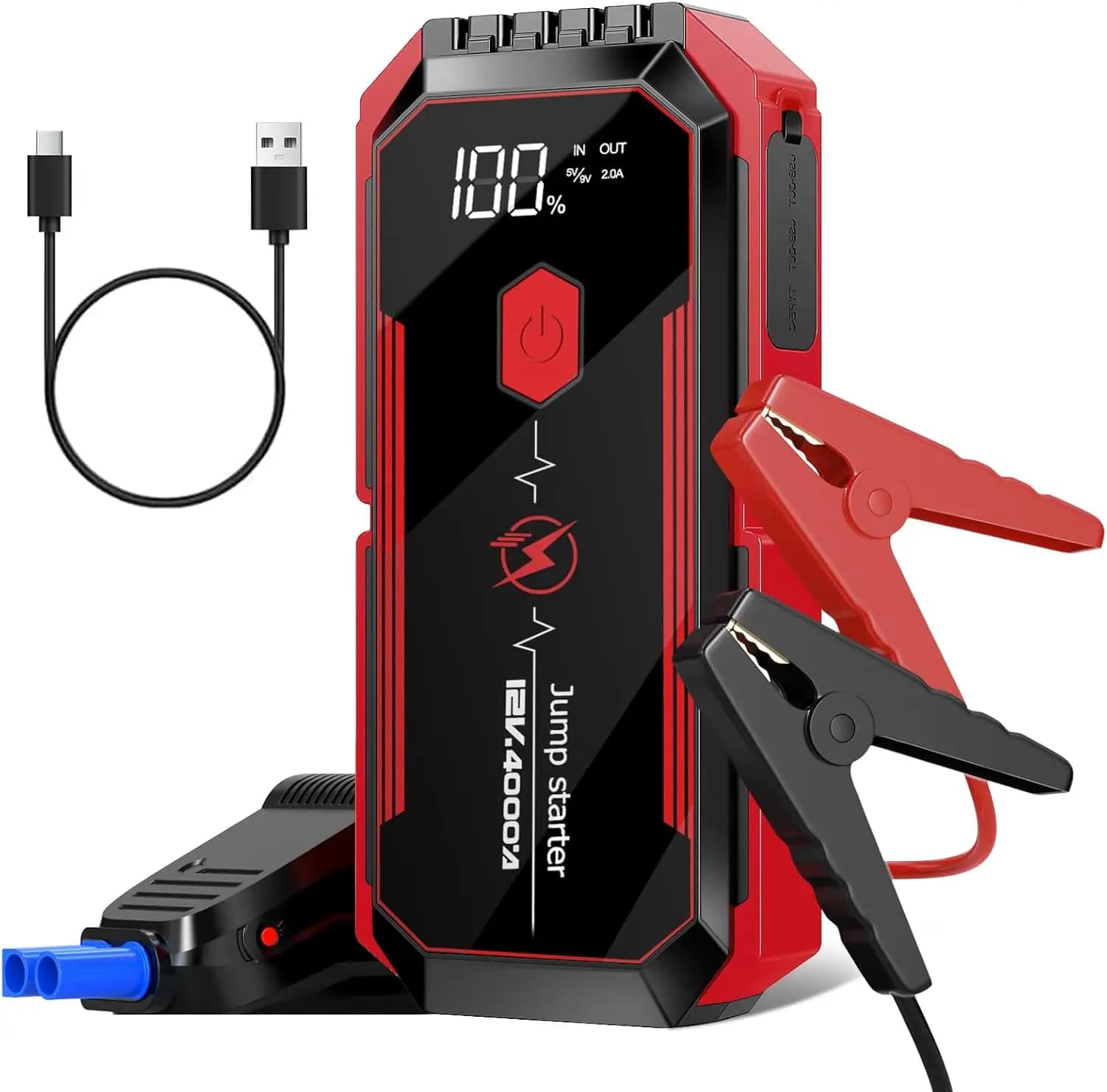 Avviatore di emergenza per batteria per auto 4000A, salvadanaio portatile 12V con torcia a LED e cavi di ponticello per motori diesel a benzina e 10,0 litri, R