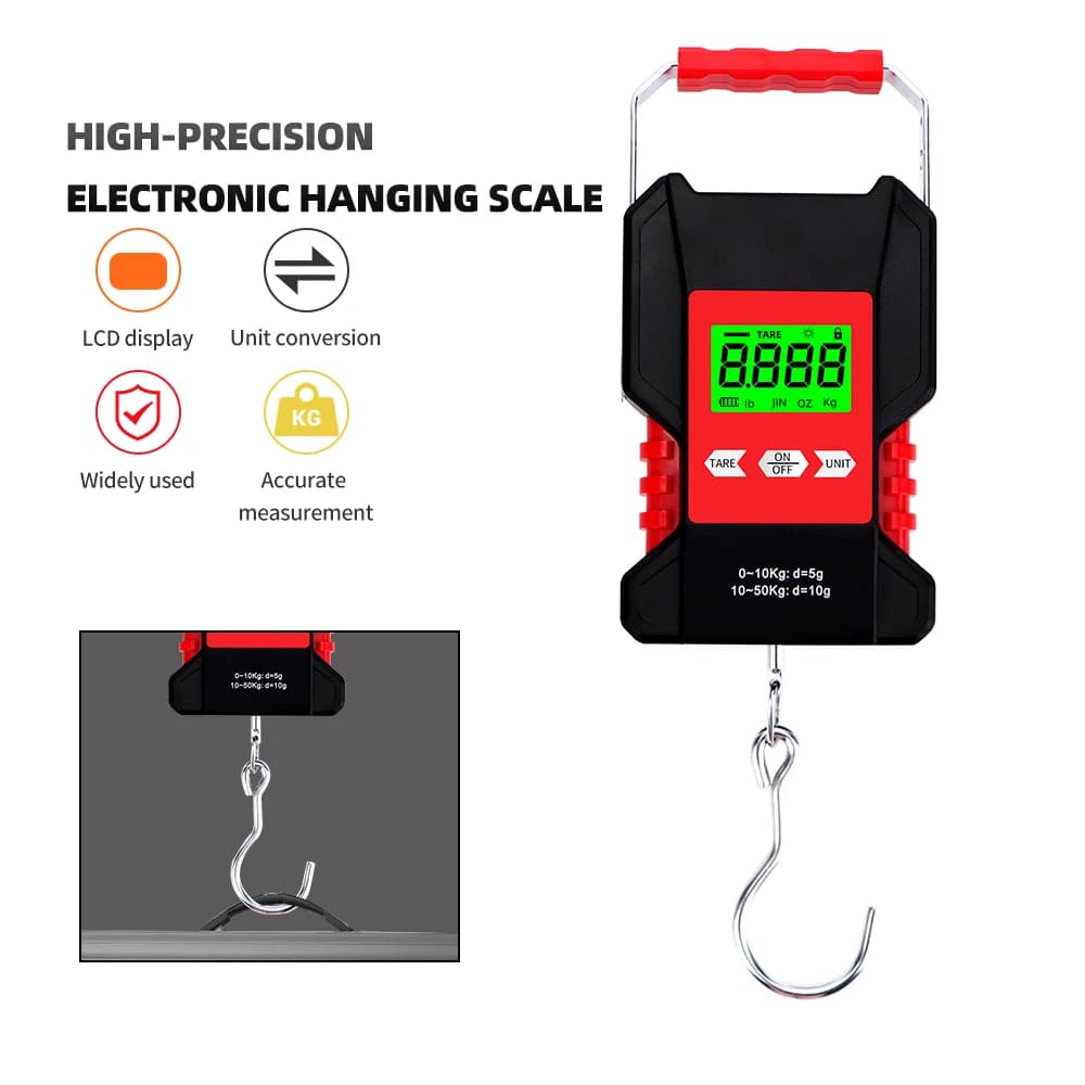 Bilancia sospesa impermeabile da 50 kg Amo da pesca portatile Bilancia elettronica per bagagli Bilancia digitale LCD con righello a nastro da 1,5 m