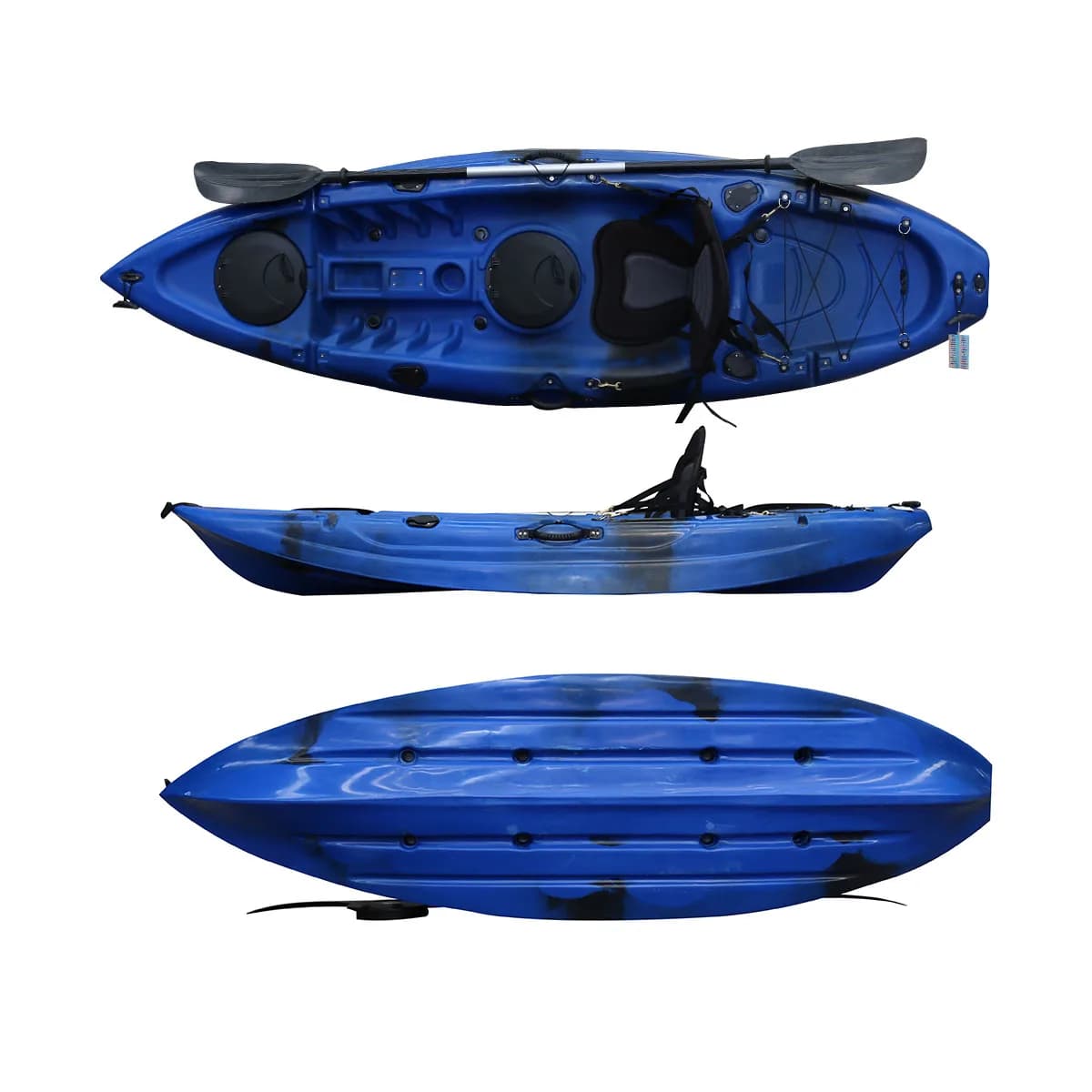 Kayak da pesca in plastica con pagaia singola, seduta su kayak superiore con portello
