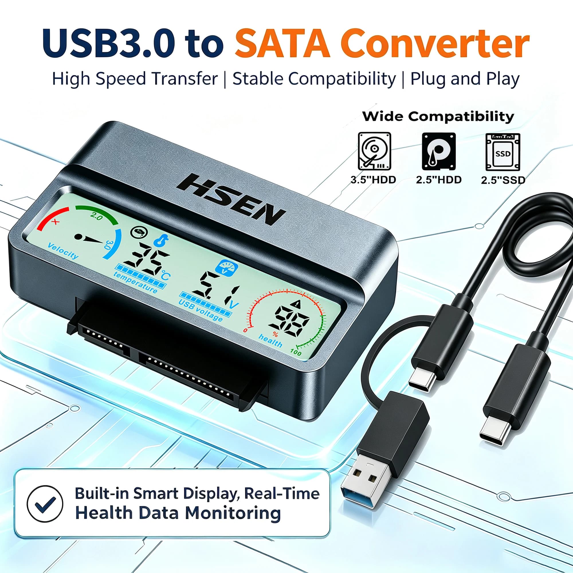 USB 3.0 3.2 to SATA Hard Drive Adapter Cable, 2.5 Inch SSD HDD External SATA to USB Converter Cord for Hard Disk