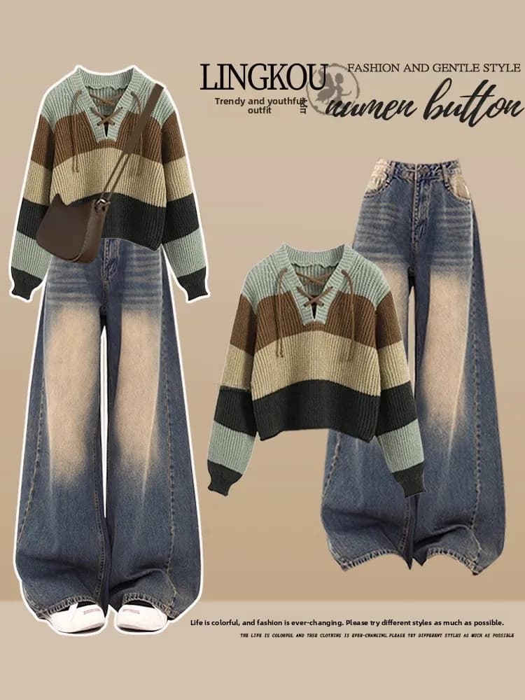 Spring Casual Outfit Women's Korean Style Stripe Sweater High Waist Slimming Jeans Two-Piece Set Large Size Anti-Aging Color ...