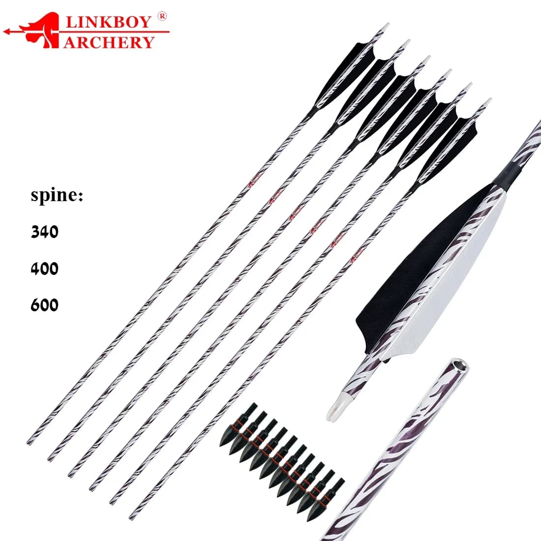 6 pezzi tiro con l'arco freccia in carbonio colonna vertebrale 340 400 32 ''freccia da 5 pollici piuma tradizionale arco caccia accessori tiro