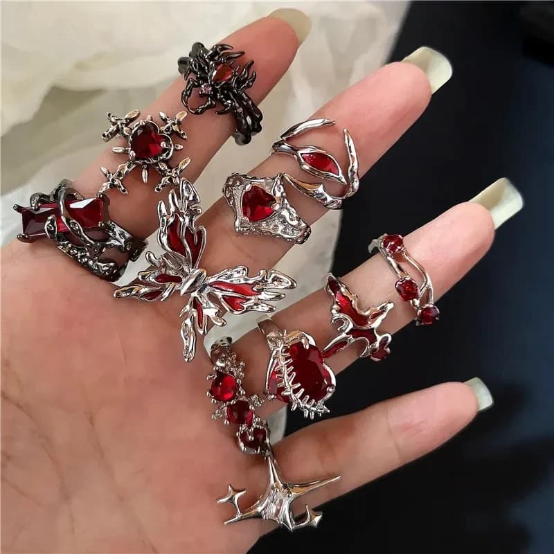 Goth Punk Retro Cristallo Rosso Amore Cuore Croce Geometria Irregolare Anello Aperto Set Y2K Accessori di Halloween Per Le Donne Gioielli Kpop