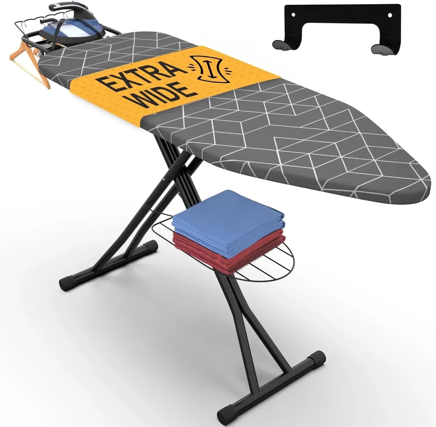Asse da Stiro Full Size 145x46 cm con Supporto a Parete, Asse da Stiro Interamente in Metallo, con Porta Ferro da Stiro Integrato, Anti-Scottatura