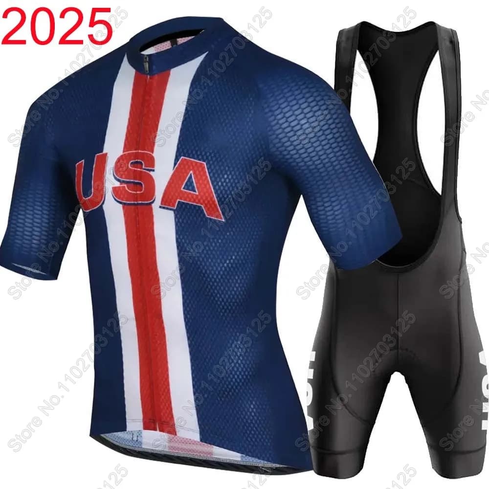 Cycling jersey of the national team USA 2025 Short sleeves Set American Clothing Road bike shirts Jumpsuit Shorts with bicycle straps MTB Ropa