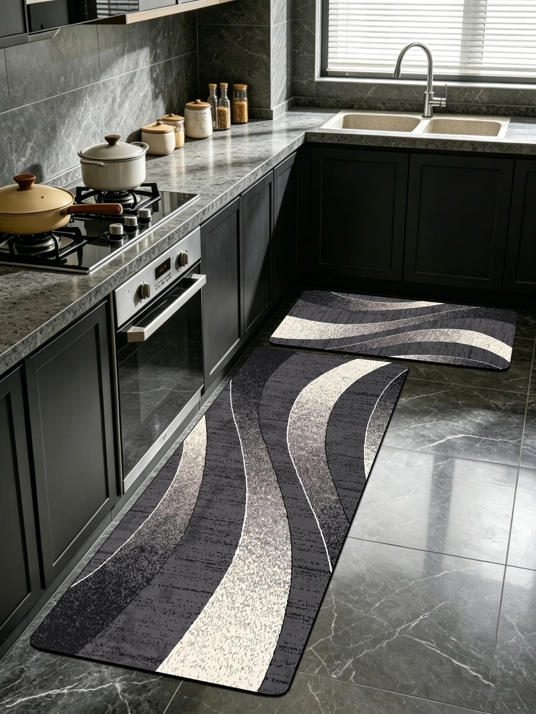 Tappetini da cucina e bagno con motivo a onde astratte grigio scuro: nuovi, antiscivolo, assorbenti, facili da pulire.