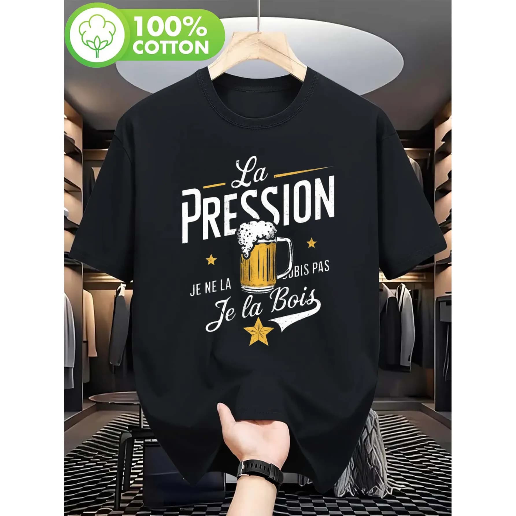 Beer Mug La Pression French Slogan Graphic Tee T-shirt casual da uomo in cotone a maniche corte