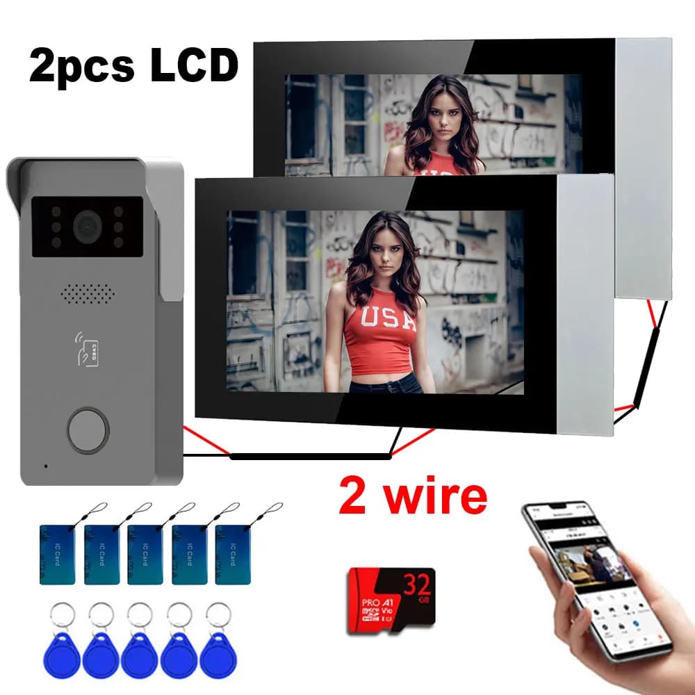 Sistema Videocitofonico Wireless Wi-Fi, Telecamera per Porta 1080P, 2 Schermi Touch da 7 Pollici, Videocitofono per Casa a 2 Fili