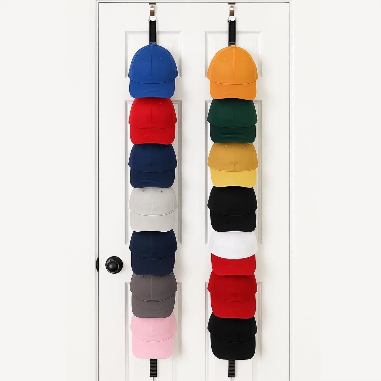 Over Door Hat Organizer 2 Pack Holds 16 Hats, Adjustable Hat Rack with Hooks for Baseball Caps Snapbacks, Space Saving Storage
