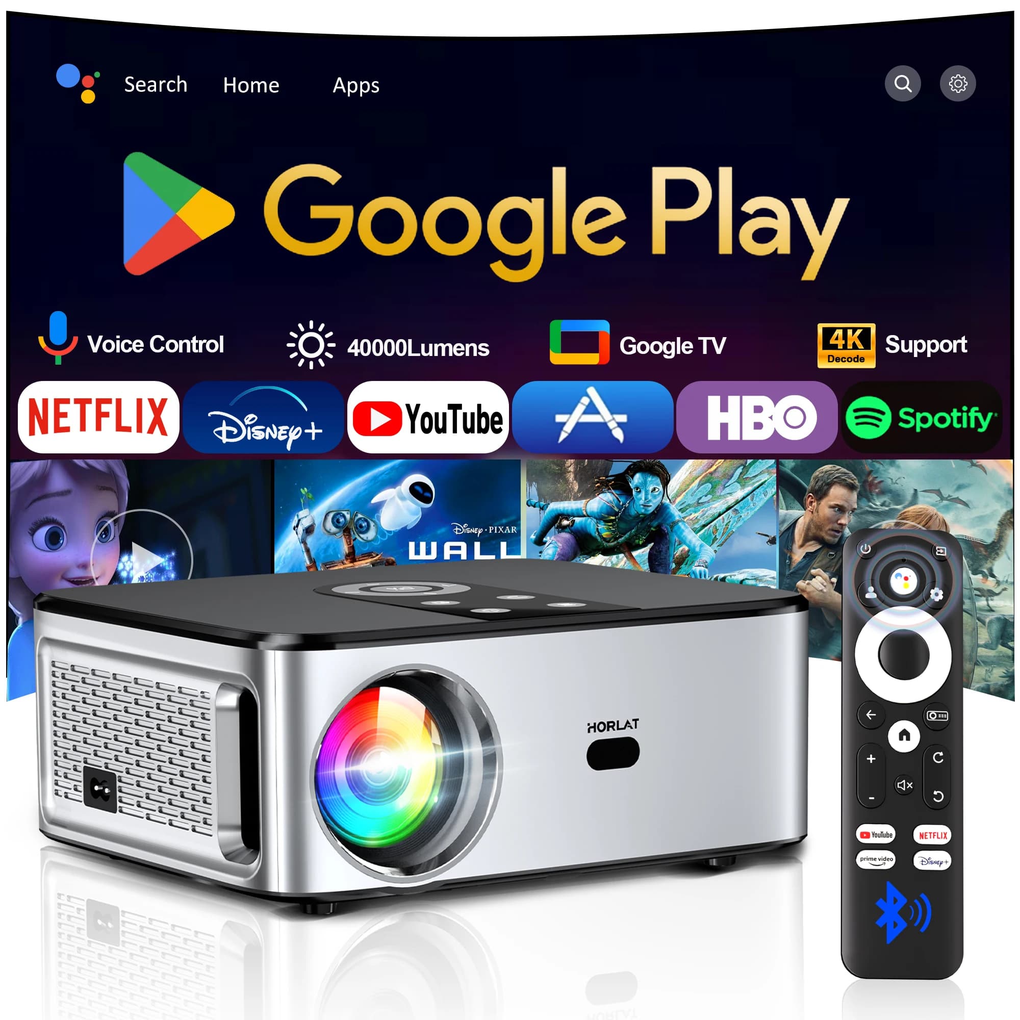 Proiettore Ufficiale HORLAT Google TV 2000ANSI con Controllo Vocale Bluetooth, Auto Focus, WiFi 6, 4K HD, Beamer per Home Theater e Cinema