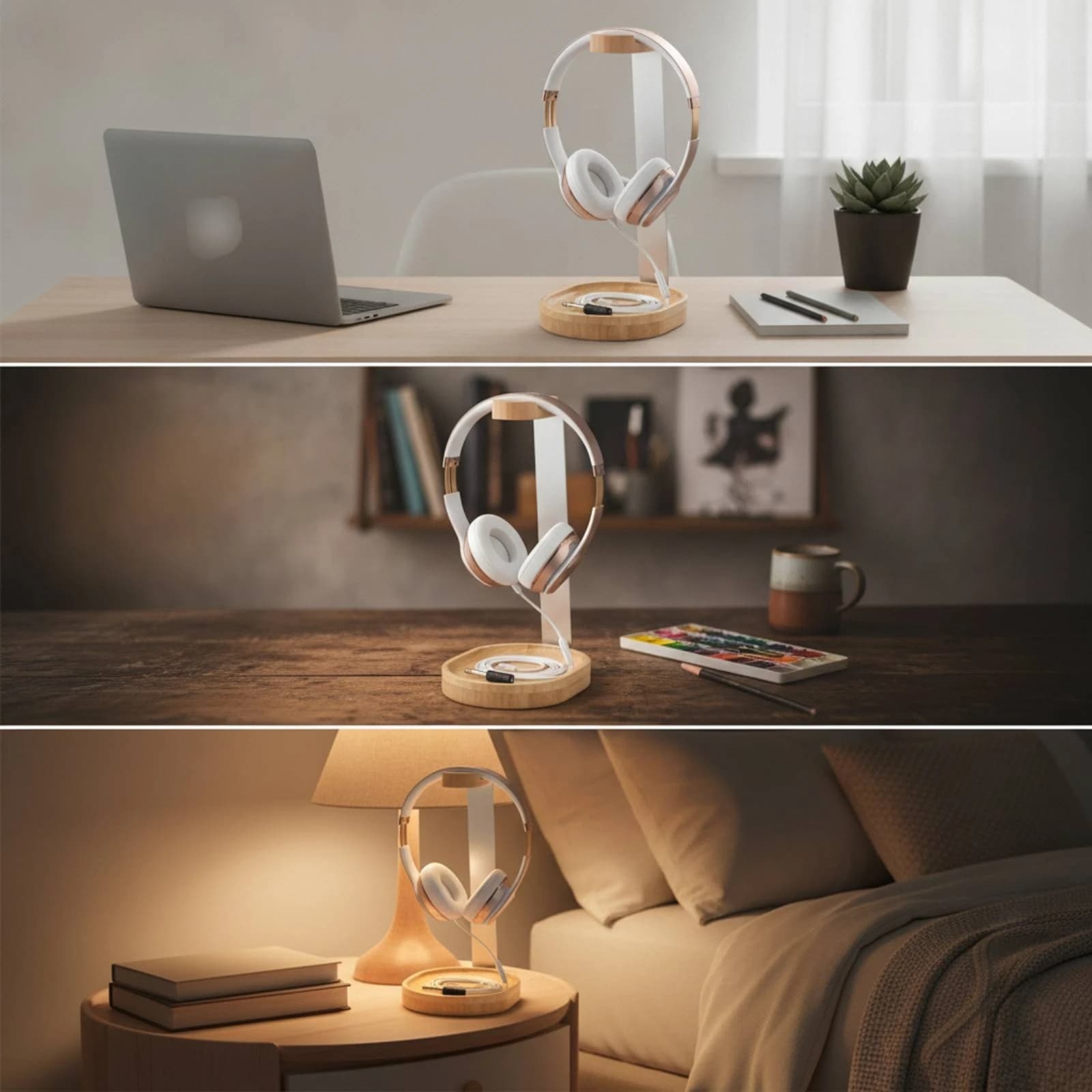 Headphone Stand with Wooden Base Desk Wood Headphone Stand Headset Holder with Storage Base Compact Home for Professionals