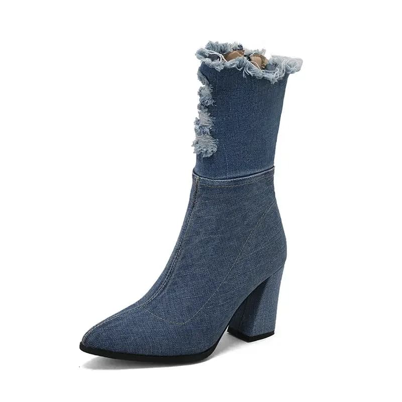 Jeans in denim spazzolato Calzini elasticizzati blu Botines Tacchi alti sexy Scarpe corte alla caviglia da donna Stivali lunghi sopra il ginocchio