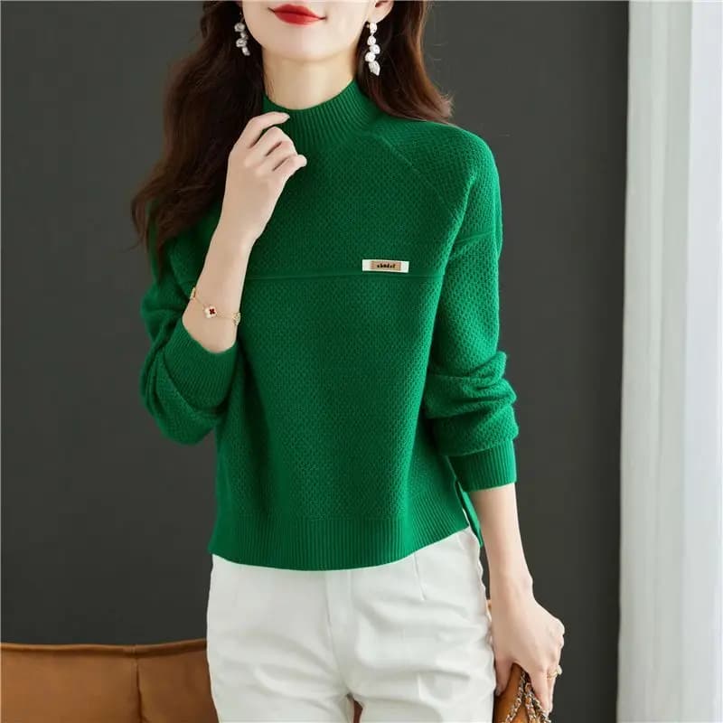 Piccolo maglione verde a mezzo dolcevita da donna a vita alta primavera autunno camicia base lavorata a maglia con spacco corto