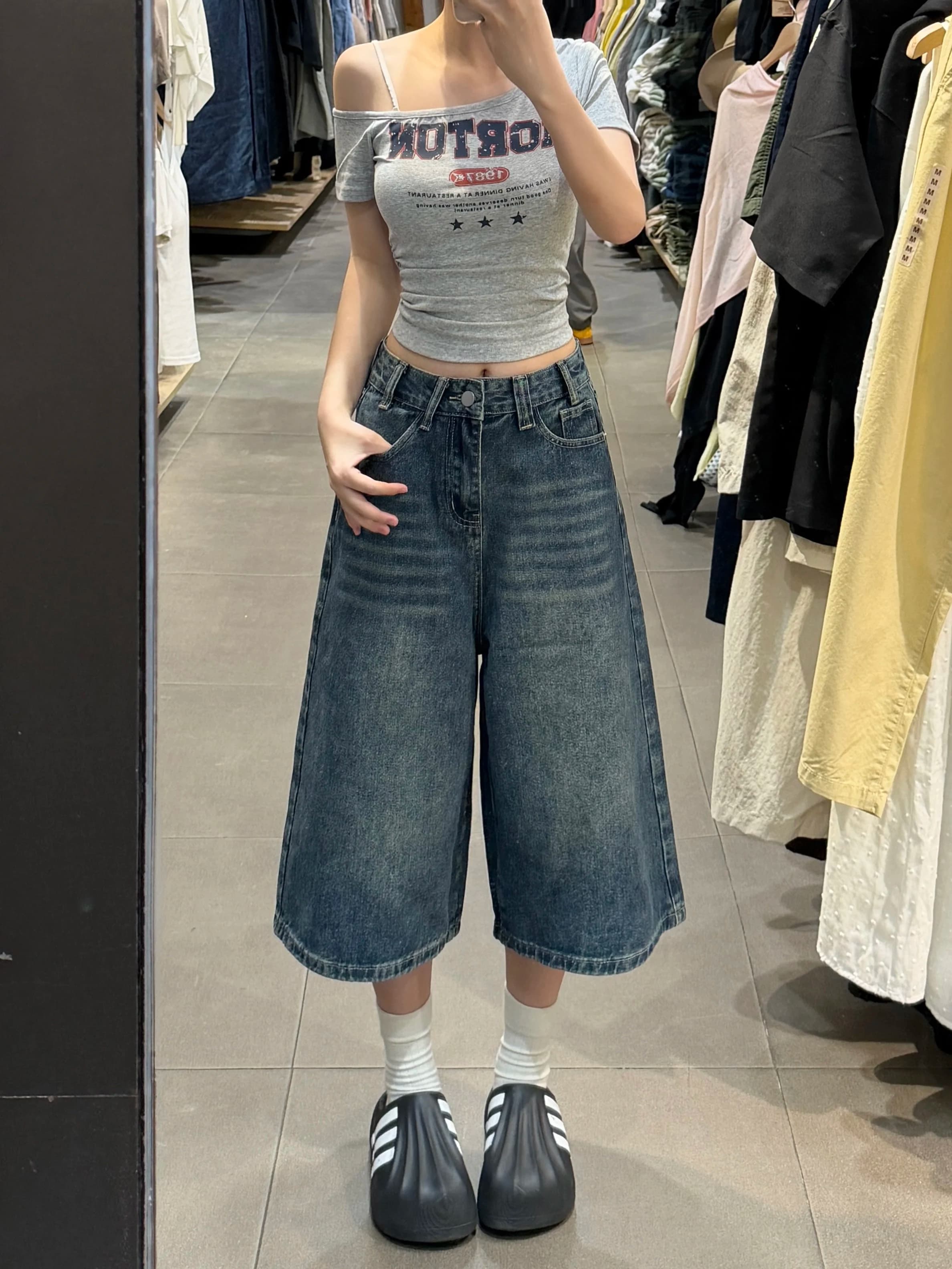 American High Street Retro Wide Leg Mid-Length Jeans Women Summer High Waist plus Size Slimming Loose Straight Short Pants