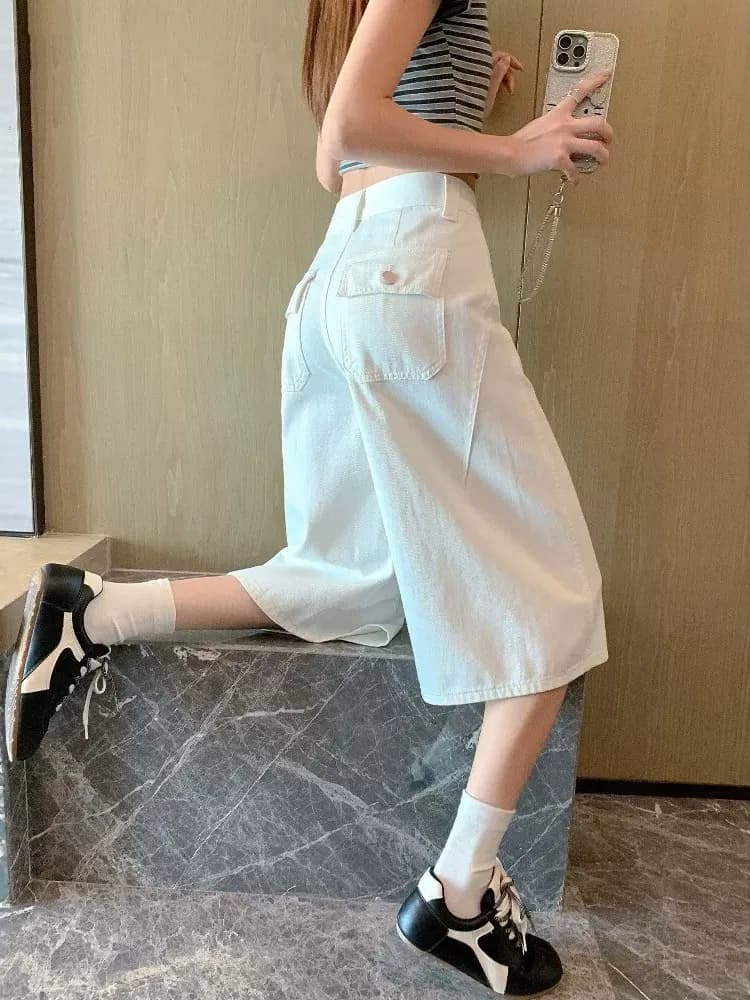 Pantaloncini in denim bianco a vita alta e gamba larga da donna, estivi, sottili, ampi, casual, dritti, a cinque-quarti