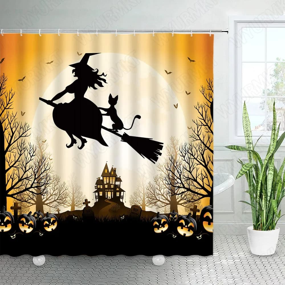 Horror Halloween tenda da doccia divertente zucca strega gatto nero albero morto castello scenario notturno tessuto bagno Decor tende da bagno