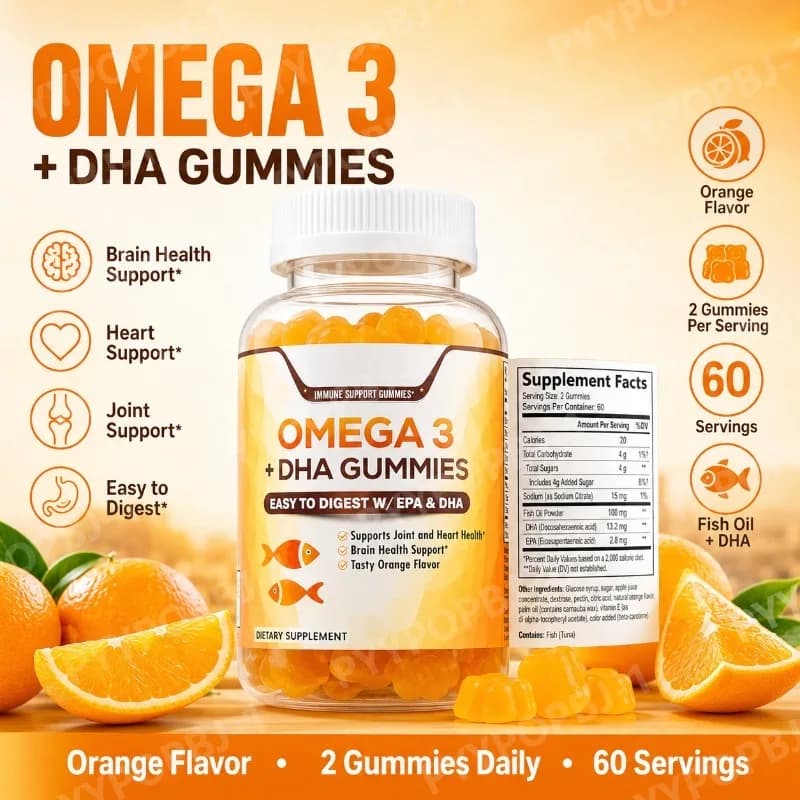 High Absorption Omega 3 Fish Oil Gommose, Formula DHA EPA, Soft Chewing Supplement to Orange Taste, Natural Vitamin, 60 Gommose