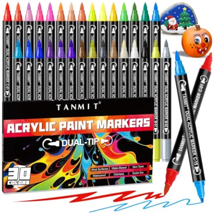 Acrylic Paint Markers, Dual Tip Acrylic Paint Pens with Fine Tip and Brush Tip for Rock Painting, Ceramic, Wood, Plastic, Calli