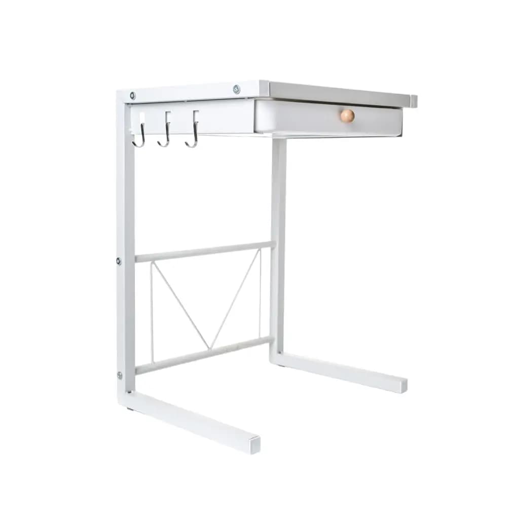 White Metal Kitchen Counter Organizer Stand With Drawer, Hooks, And Lower Rack For Air Fryer, Microwave, Rice Cooker, Seasoning
