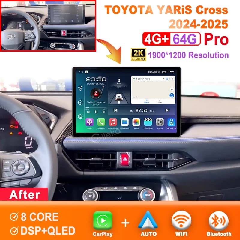 Schermo 2K da 12,3 Pollici con Carplay Android per Toyota YARiS Cross 2024-2025, Autoradio Stereo, Lettore Multimediale, GPS, WiFi, BT