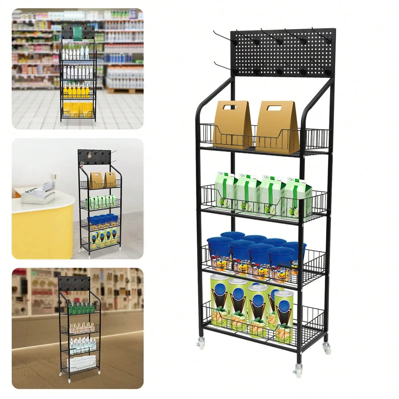 RibasuBB 4-Tier Adjustable Rolling Snack Rack With Perforated Hanging Board, Lockable Wheels, Iron Baking Finish, 10kg Per Tier, Freestanding Black Display