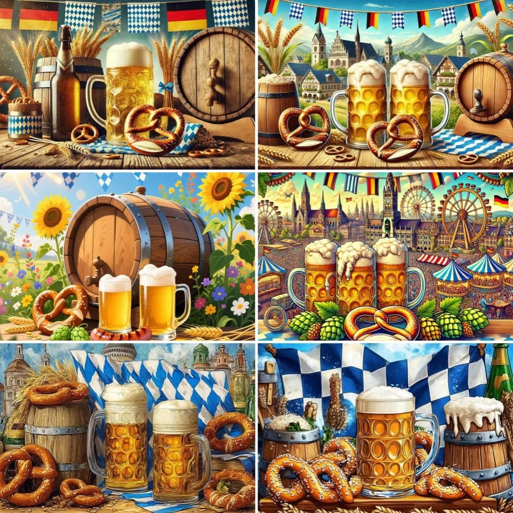 Oktoberfest Backdrop Beer Mug Stein Wooden Barrel Pretzel Banner Bar Adult Carnival Holiday Party Decoration Background Supplies