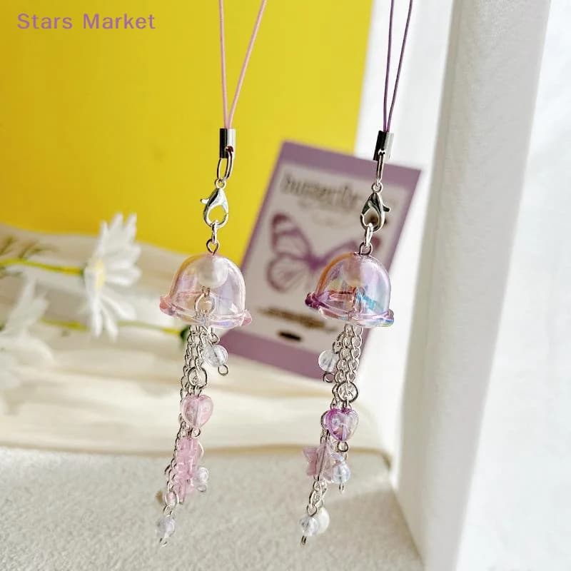 New Cute Jellyfish Wind Chime Pendant Keychain Mobile Phone Lanyard Bag Key Ring Decorative Accessories For Girls Christmas Gift