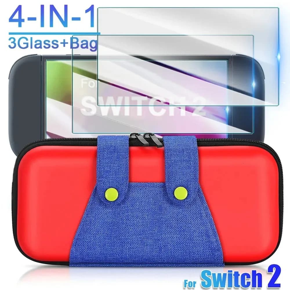 Custodia 4 IN 1 + vetro per Nintendo Switch 2 EVA Slim Rosso Blu Borsa da viaggio per trasporto e protezioni per lo schermo Pellicole in vetro temperato