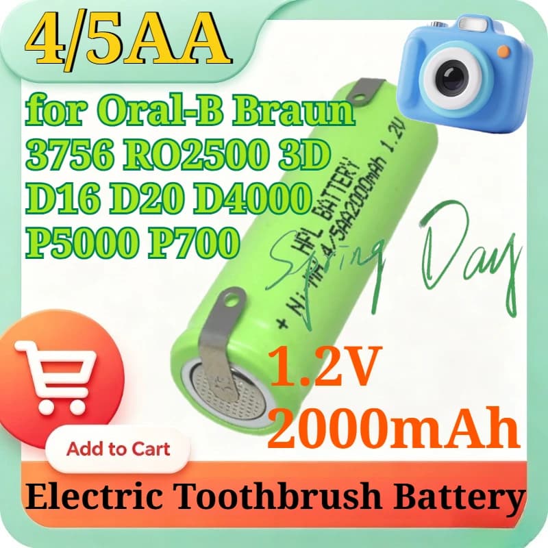 Batteria di Ricambio 4/5AA 1.2V 2.0Ah Ni-MH per Spazzolini Elettrici Oral-B Braun 3756 RO2500 3D D16 D20 D4000 P5000 P700