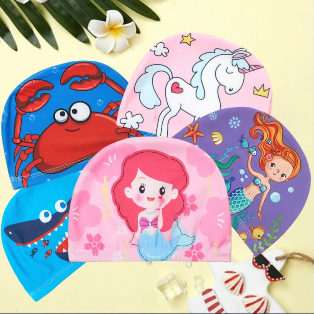 Kids Swimming Head Cartoon Fabric Elastic for Kids Swimming Pool Water Sports Protecting Earphones Boys Girls Swimming Bath Hats Berretti