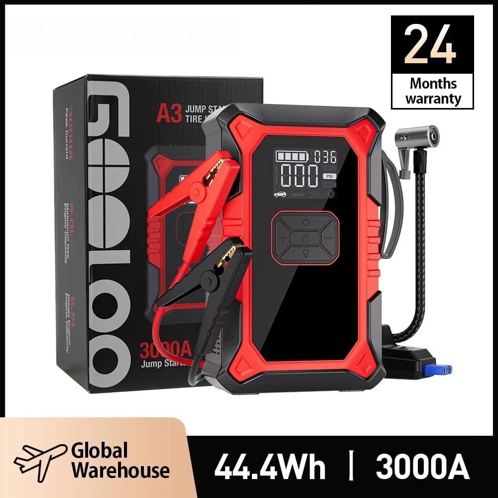 GOOLOO A3 Avviatore di Emergenza con Compressore d'Aria, Booster Portatile per Batteria Auto 3000A (9.0 Benzina/6.5L Diesel) con Spegnimento Automatico 150PSI Ti