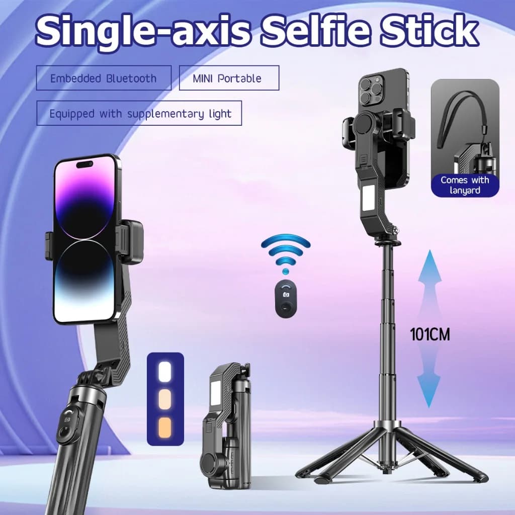 Stabilizzatore cardanico portatile ad asse singolo con riempimento della luce Selfie Stick 3 in 1 e treppiede Stabilizzazione automatica dello schermo AI Nessuna app