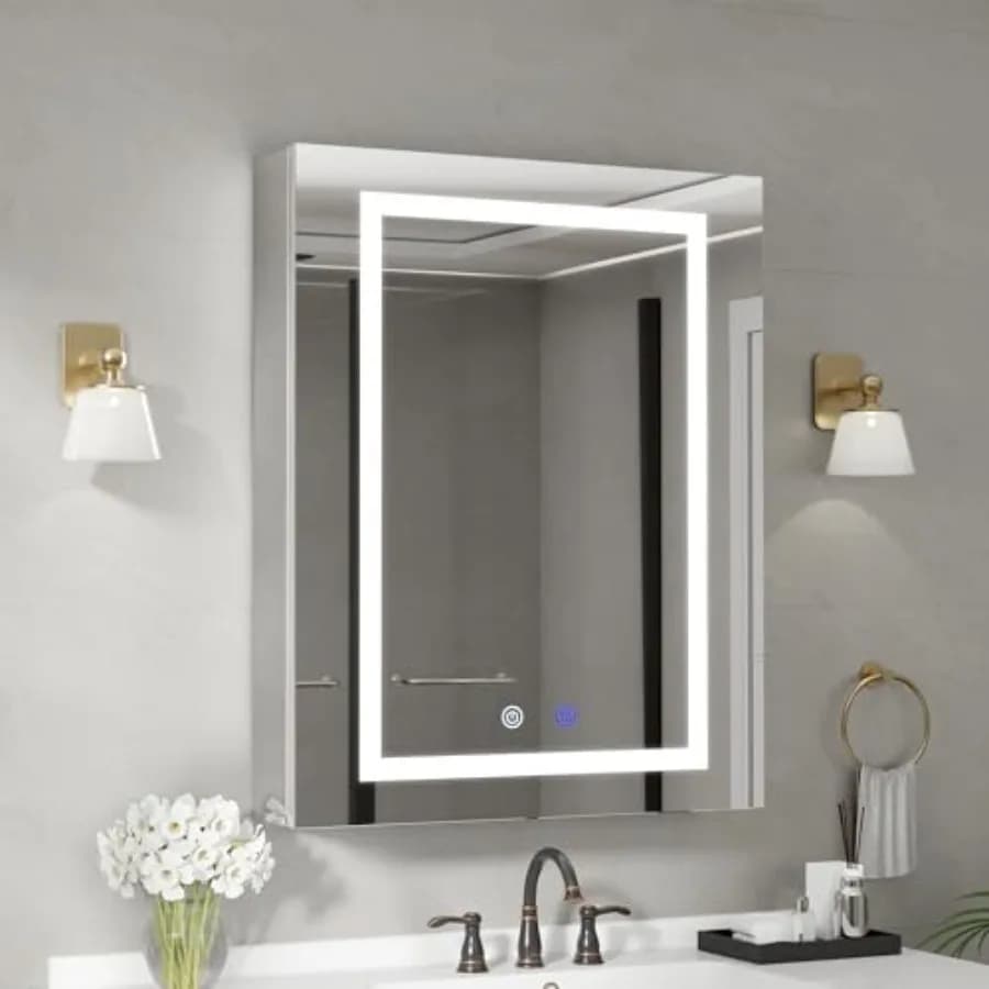 Bathroom aluminum LED medicine cabinet with mirror, silver finish, energy-efficient lighting and sleek modern design