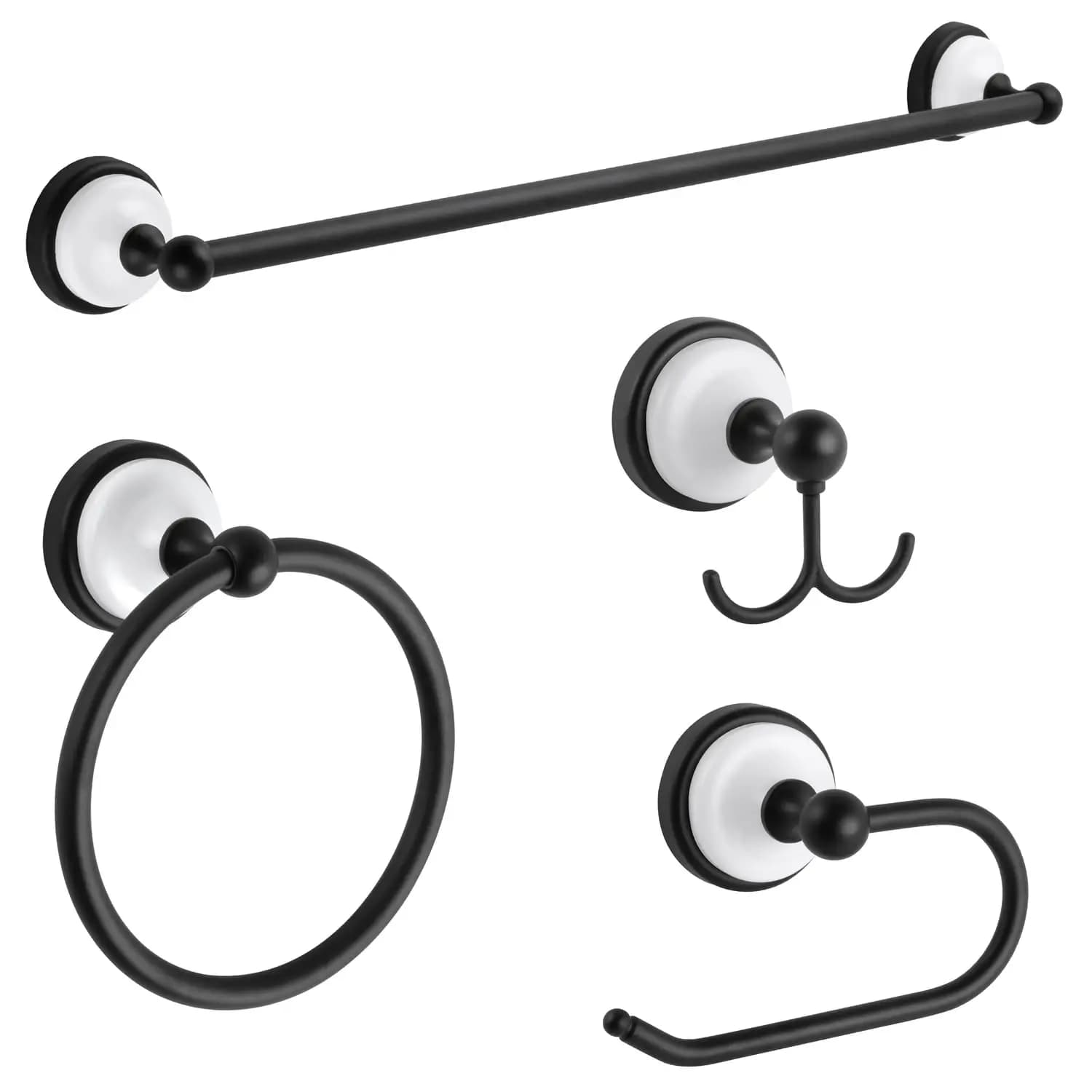 Set di Accessori per Bagno in 4 Pezzi, Porta Asciugamani, Anello Portasciugamani, Gancio, Nero Opaco e Bianco, Personalizzabile