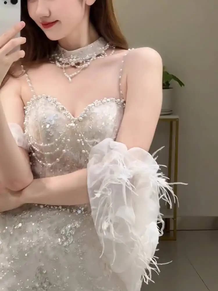 Abito da sera a sirena bianco per donna, lusso di fascia alta, scialle da festa di nicchia, abito da sposa, abito da toast